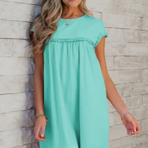 Mint Green Frilled Trim Mini Dress – Loose Fit, Round Neck