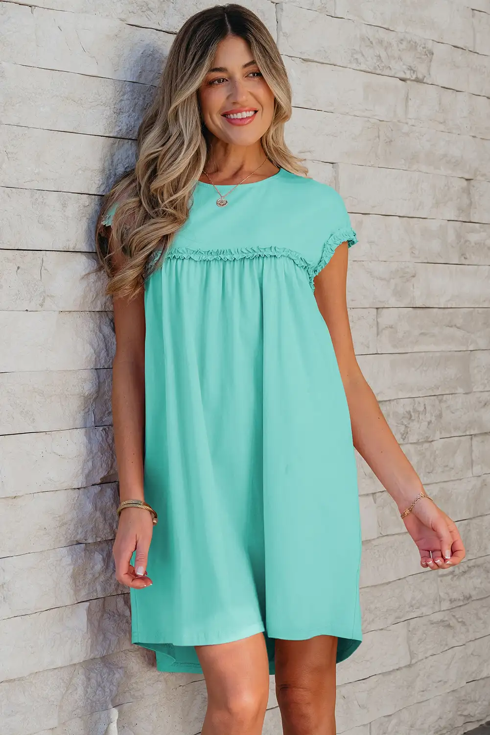 Mint Green Frilled Trim Mini Dress – Loose Fit, Round Neck