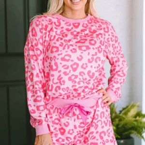 Exclusive Leopard Satin Tie Two Piece Loungewear Set in Pink for Cozy Fall and Autumn Style