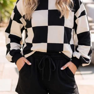 Black Checkerboard Plaid 2-Piece Set – Long Sleeve Top + Shorts