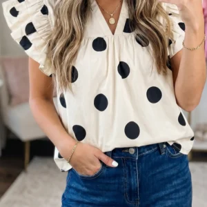 Apricot Polka Dot V-Neck Ruffle Blouse