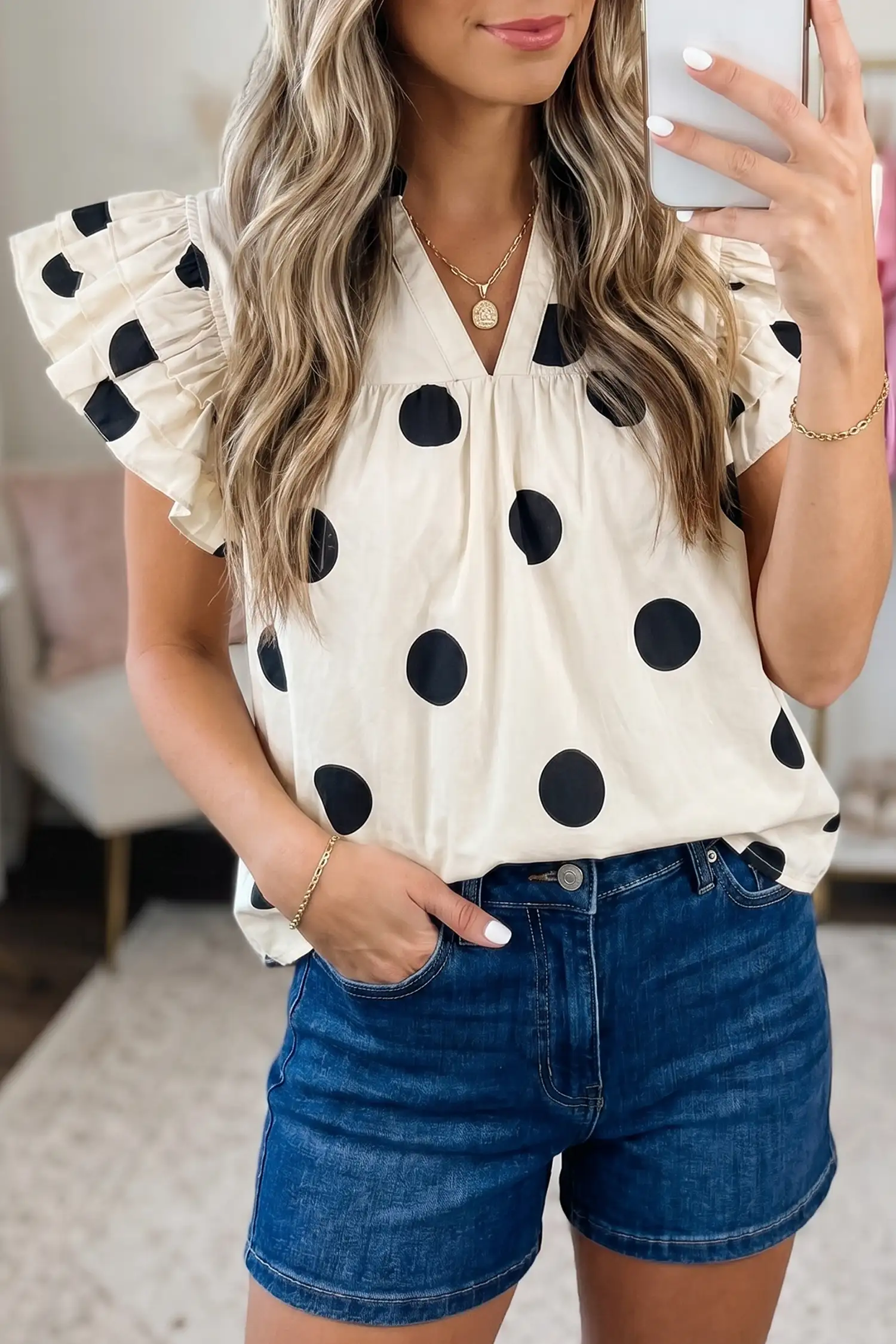 Apricot Polka Dot V-Neck Ruffle Blouse