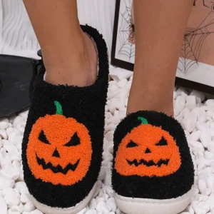Comfy Orange Halloween Pumpkin Print Fleece Slippers for Cozy Home Winter Nights