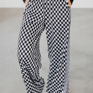 White Checkerboard Drawstring-Waist Wide-Leg Pants