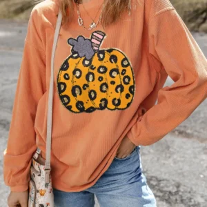 Trendy Leopard Print Pumpkin Orange Ribbed Sweatshirt for Cozy Winter Style