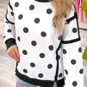 White Polka Dot Patchwork Round-Neck Sweatshirt