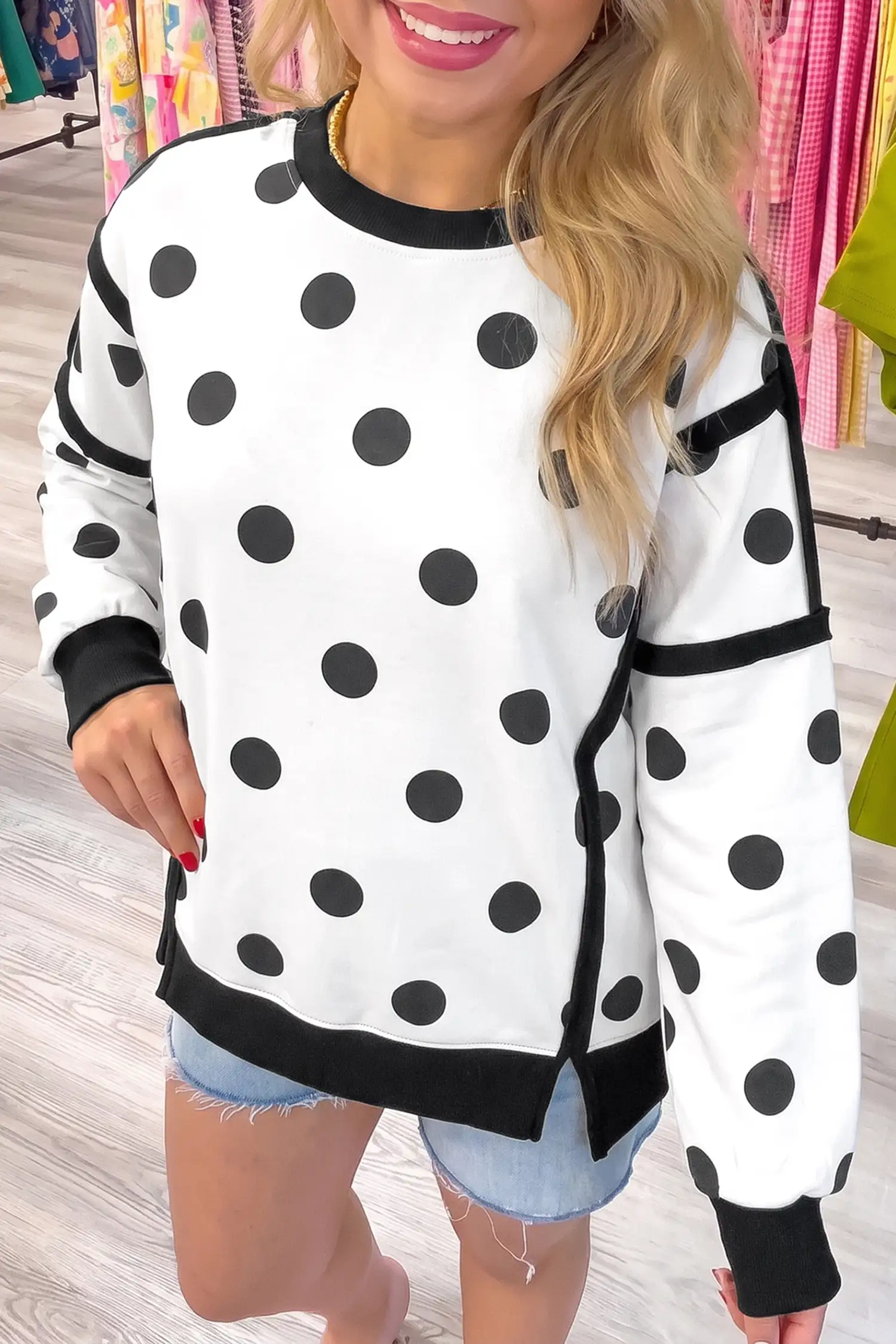 White Polka Dot Patchwork Round-Neck Sweatshirt