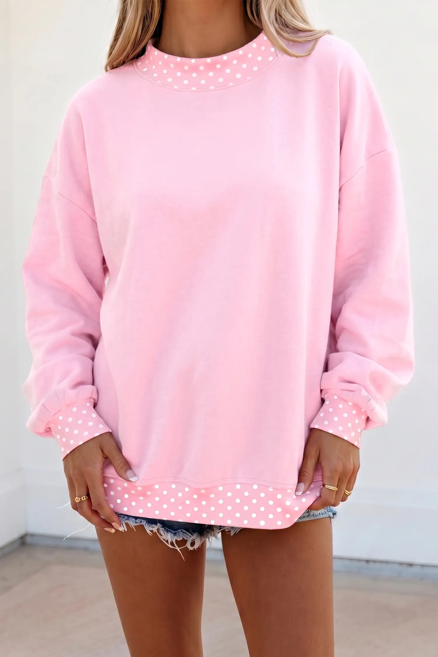 Pink Colorblock Polka Dot Oversized Sweatshirt