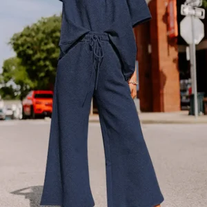Navy Blue Textured Casual Summer Wide Leg Pants Set for Effortless Style and Comfort
