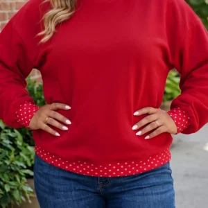 Red Polka Patchwork Round-Neck Plus-Size Sweatshirt