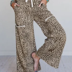 Khaki Leopard Terry Knit Wide-Leg Pants