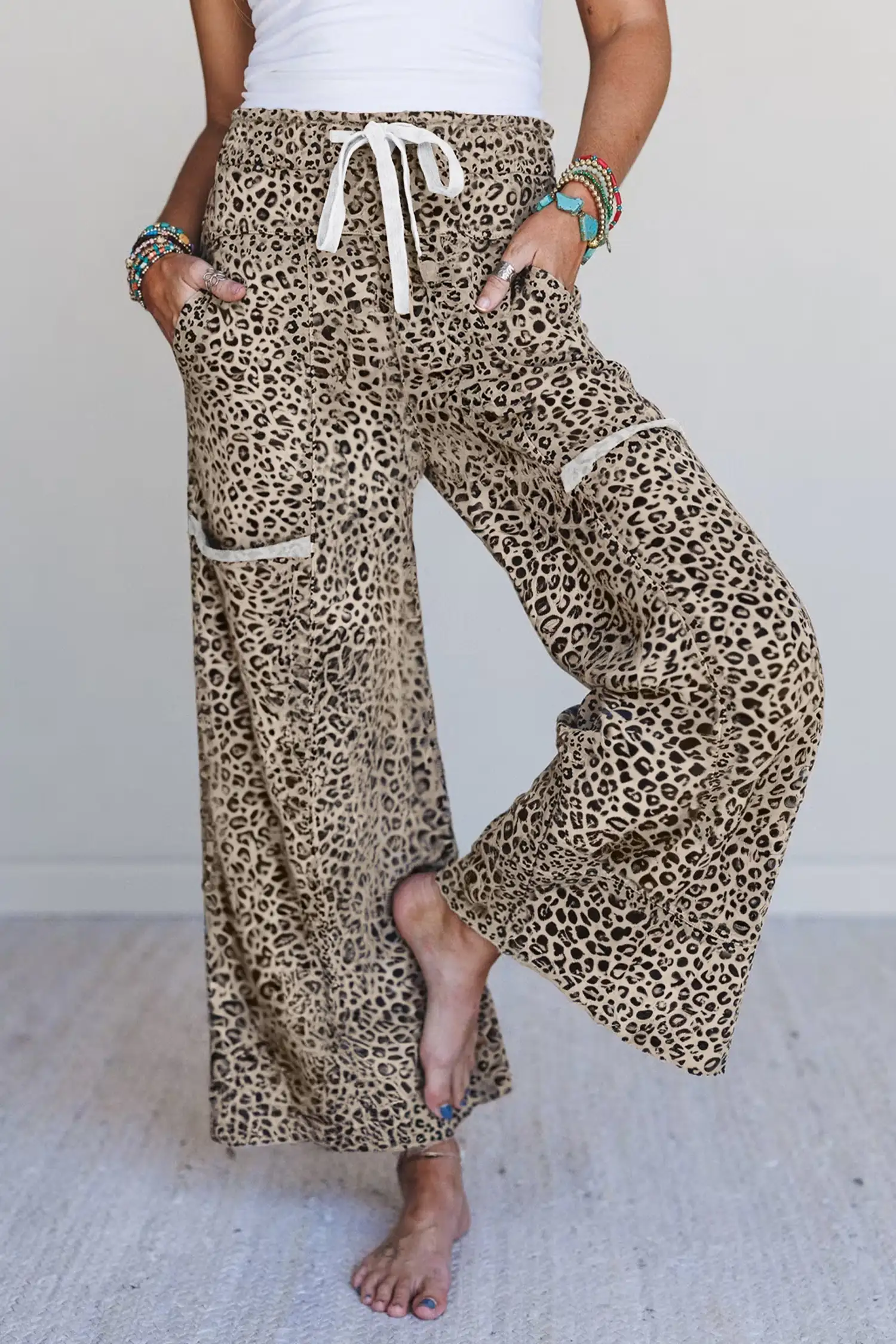 Khaki Leopard Terry Knit Wide-Leg Pants