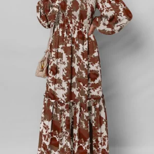 Chestnut Floral Puff Sleeve Maxi Dress with Smocked Bodice