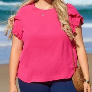 Eye-Catching Bright Pink Ruffled Plus Size Summer Top for Modern Fashionistas