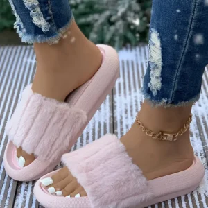 Cozy Pink Plush Band Home Slippers