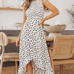 Leopard Smocked High Low Midi Dress in White
