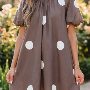 Brown Polka Dot Knot-Back Puff-Sleeve Mini Dress