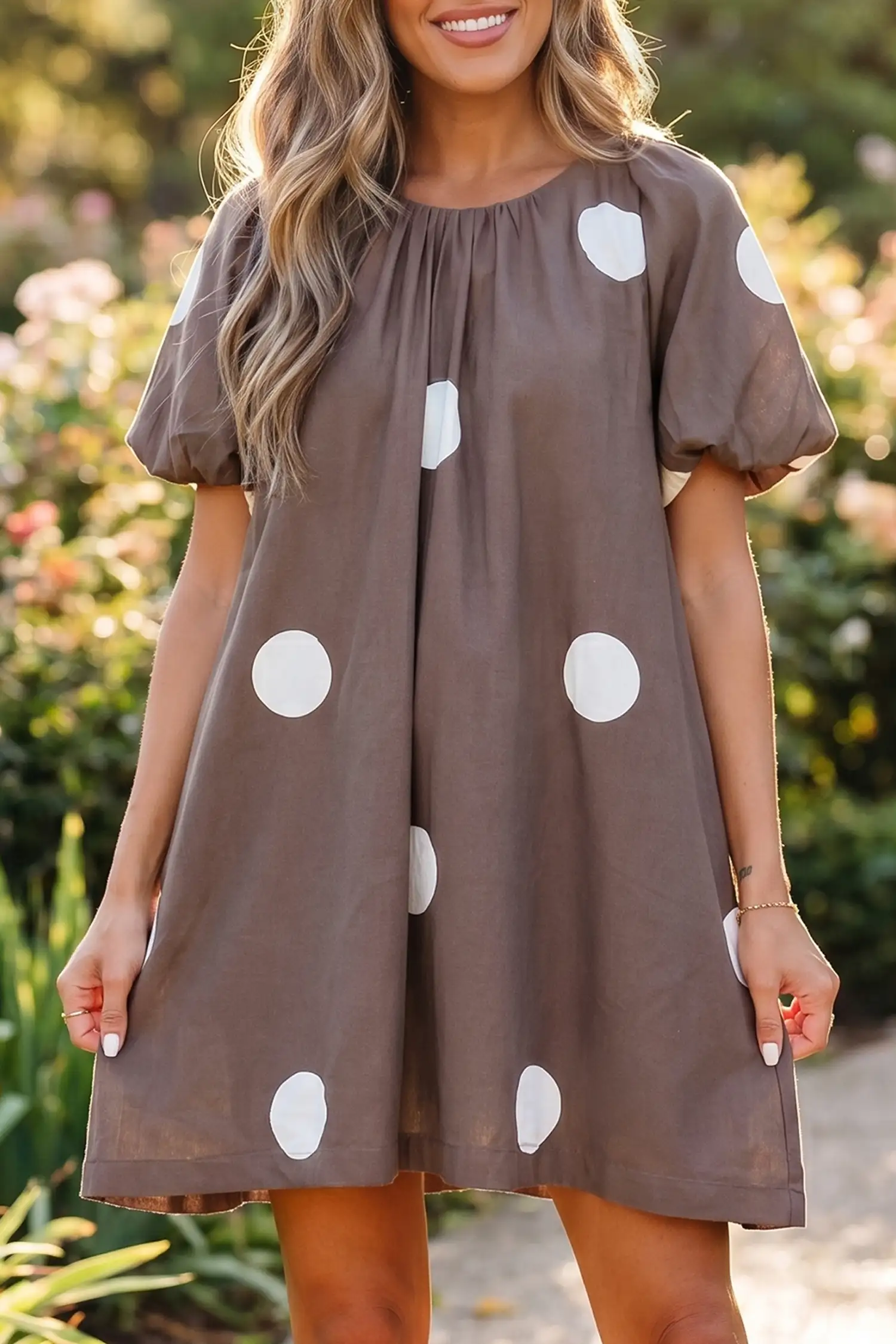 Brown Polka Dot Knot-Back Puff-Sleeve Mini Dress