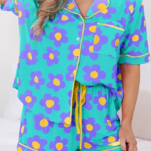 Summer Fresh Green Floral Pajama Set for Cozy Home Loungewear Inspired by Southern Belle Vintage Style