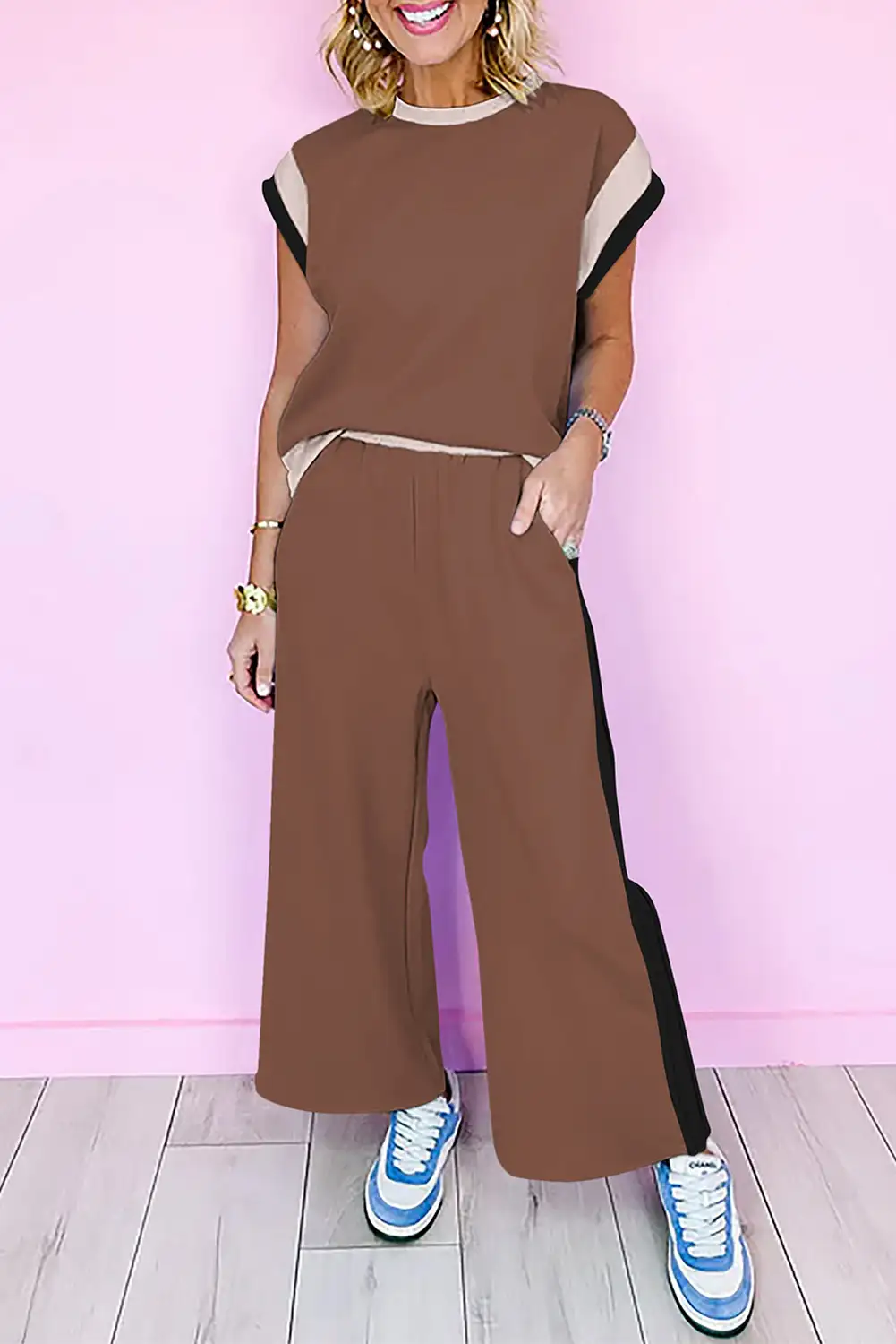 Stylish Chestnut Color Block Two-piece Set
