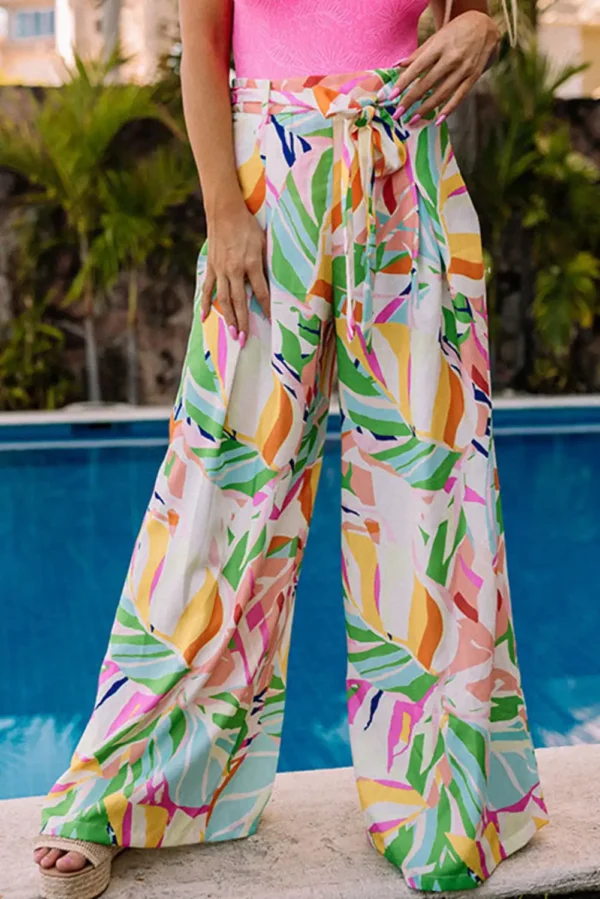 Tropical Leafy Print Wide Leg Pants