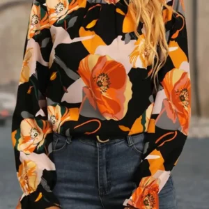 Gorgeous Black Floral Mock Neck Blouse
