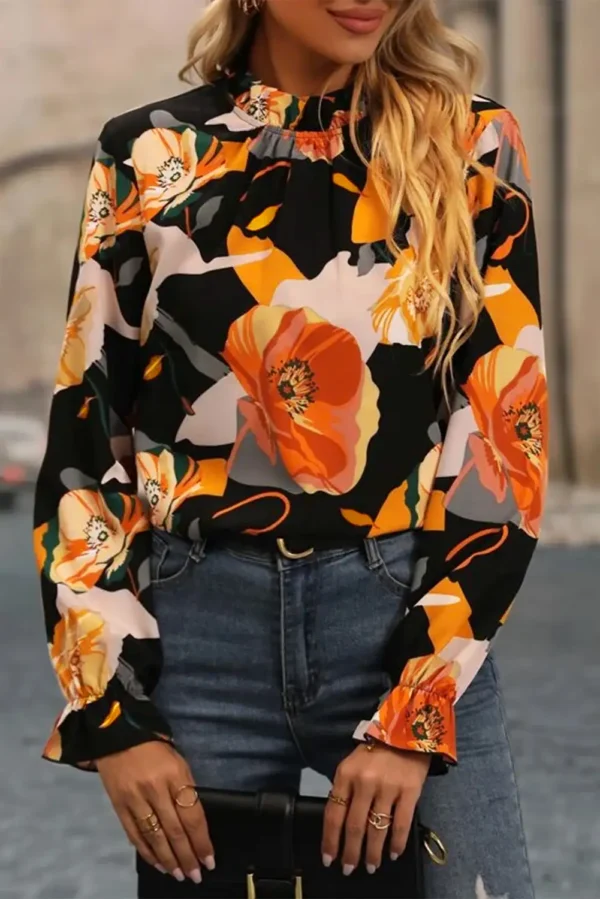 Gorgeous Black Floral Mock Neck Blouse