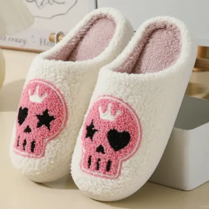 Cozy Spooky Skull White Plush Fleeced Winter Home Slippers for Halloween Comfort