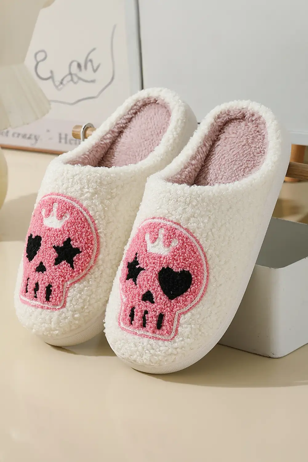 Spooky Skull White Plush Winter Home Slippers