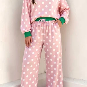 Pink Polka Dot Colorblock Two-Piece Set – Long Sleeve Top & High-Waisted Pants
