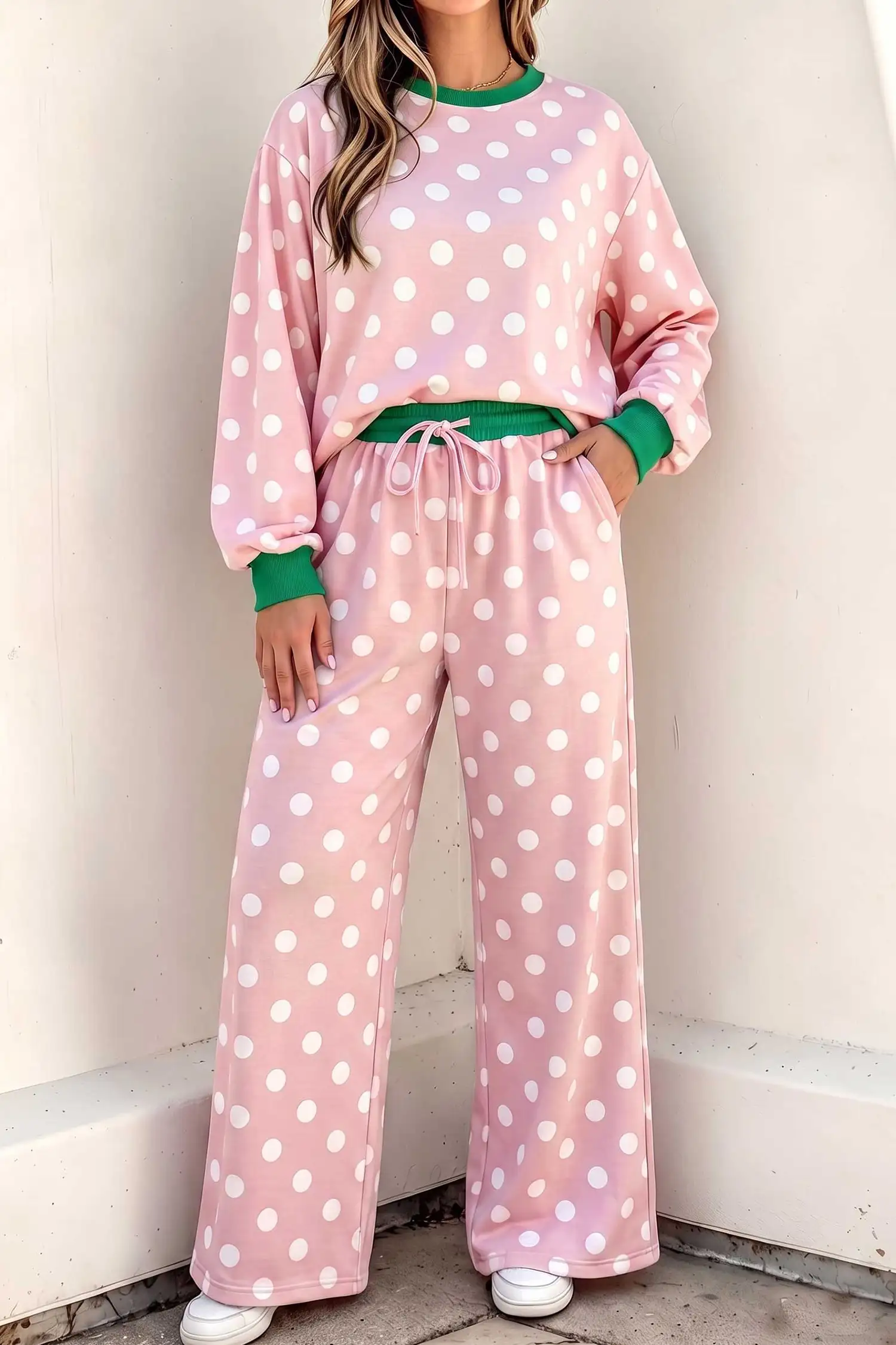 Pink Polka Dot Colorblock Two-Piece Set – Long Sleeve Top & High-Waisted Pants