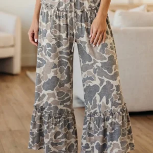 Multicolour Camo Print Wide-Leg Casual Pants