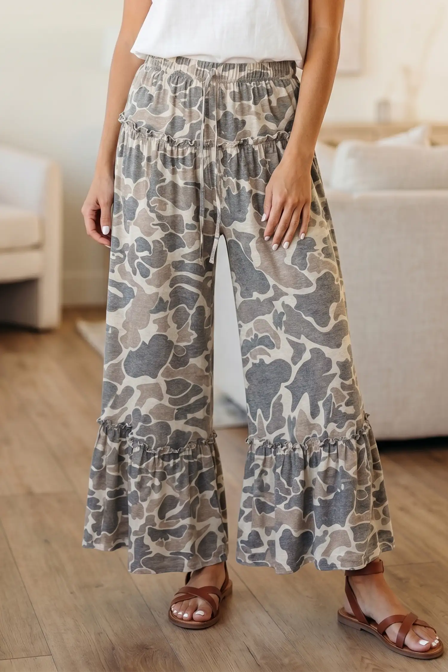 Multicolour Camo Print Wide-Leg Casual Pants