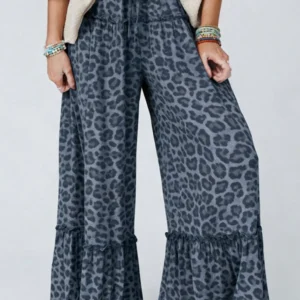 Gray Leopard Print Drawstring Wide-Leg Pants