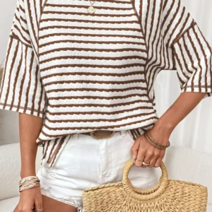 Brown Stripe Textured Knit Top – Loose Half-Sleeve, Round Neck