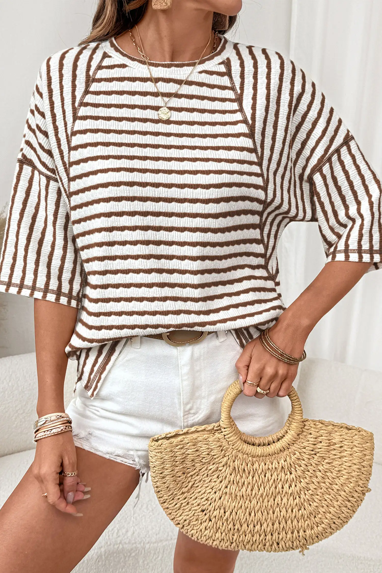 Brown Stripe Textured Knit Top – Loose Half-Sleeve, Round Neck