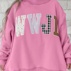 Bonbon WWJD Mixed Pattern Embroidered Patch Mockneck Sweatshirt