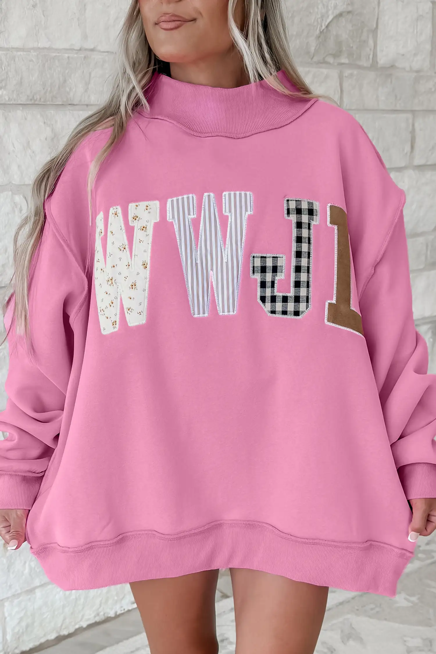 Bonbon WWJD Mixed Pattern Embroidered Patch Mockneck Sweatshirt