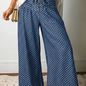 Sky Blue Polka Dot Wide-Leg Jeans with Drawstring Waist