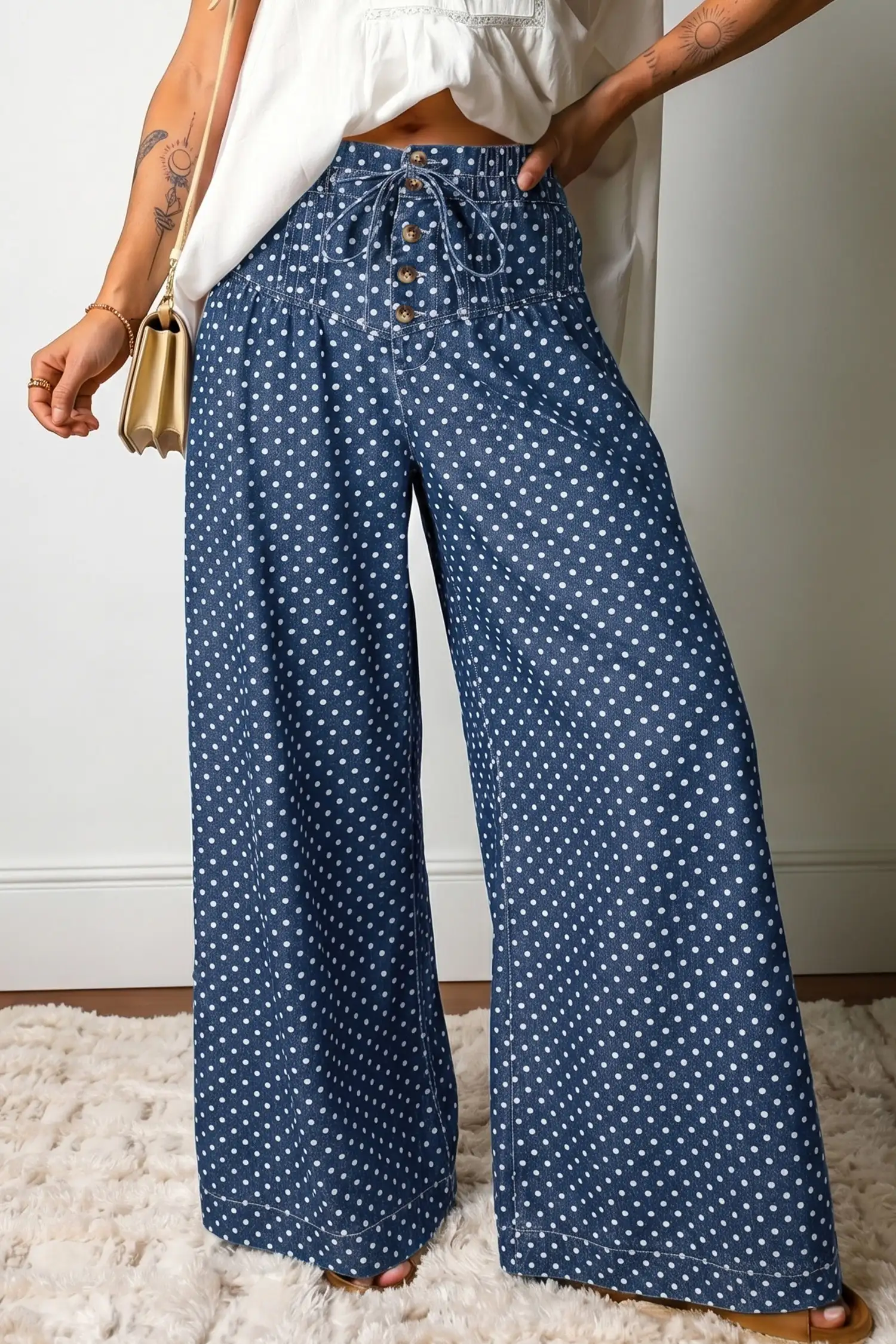 Sky Blue Polka Dot Wide-Leg Jeans with Drawstring Waist