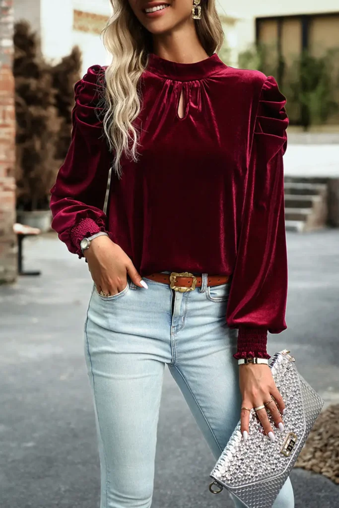 Fiery Red Velvet Blouse for Elegant Fall Occasions with Solid Color