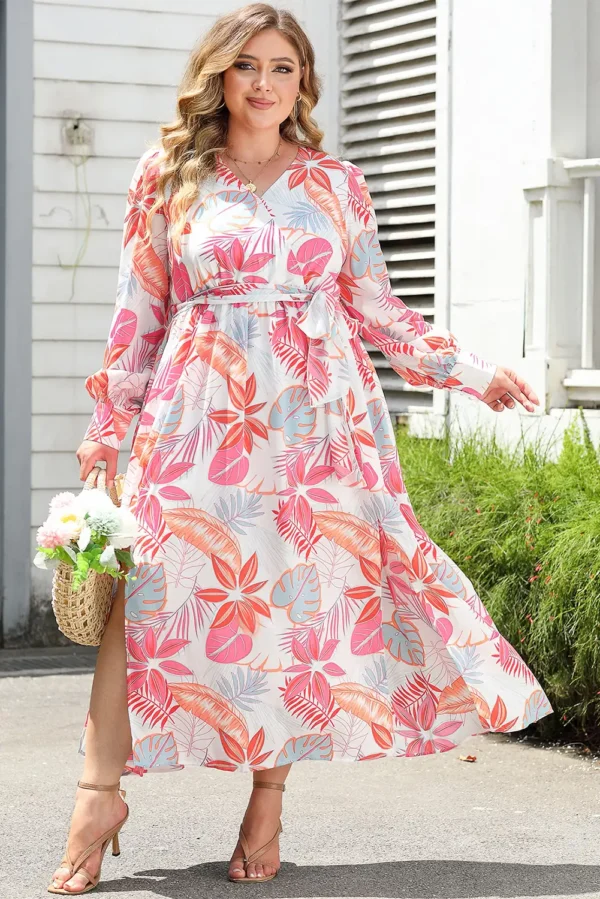 Multicolor Tropical Palm Print Plus Size Maxi Dress