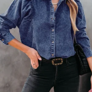 Chic Blue Puff Sleeve Denim Jacket