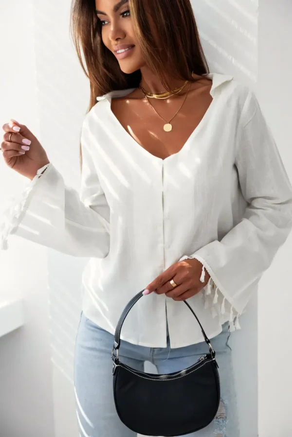 Chic White V Neck Tassel Shirt