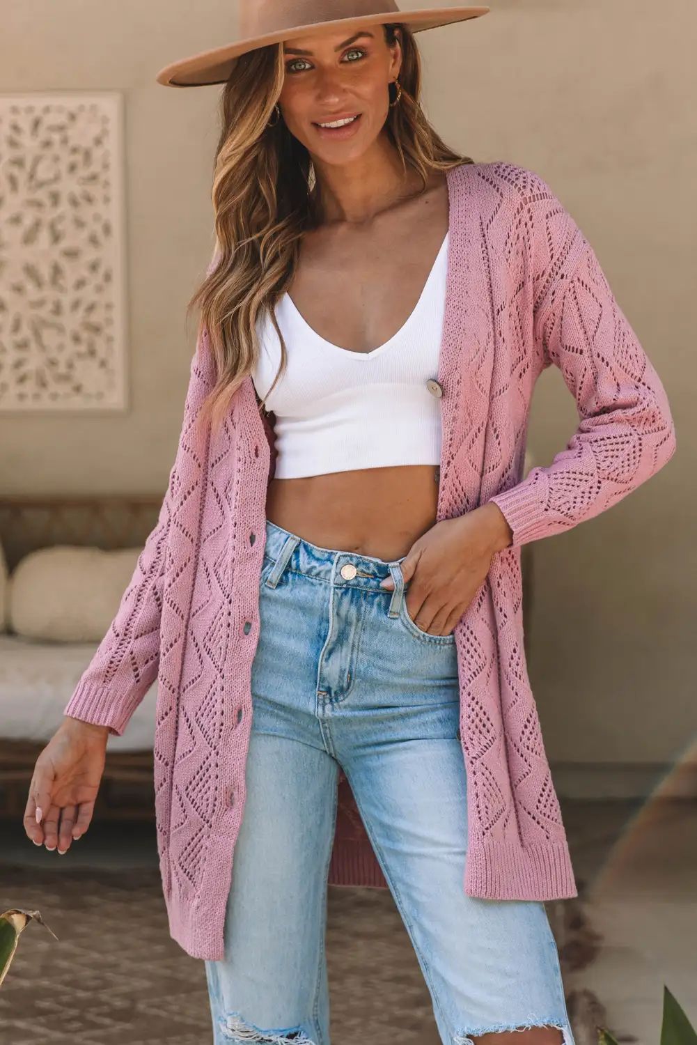 Elegant Pink Openwork Knit Cardigan