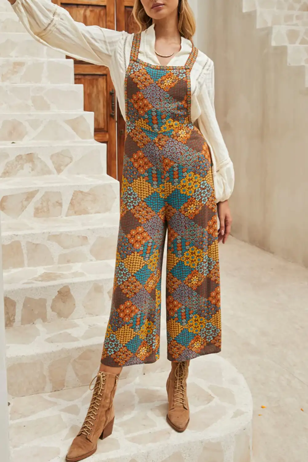 Multicolor Boho Floral Jumpsuit with Crossed Straps