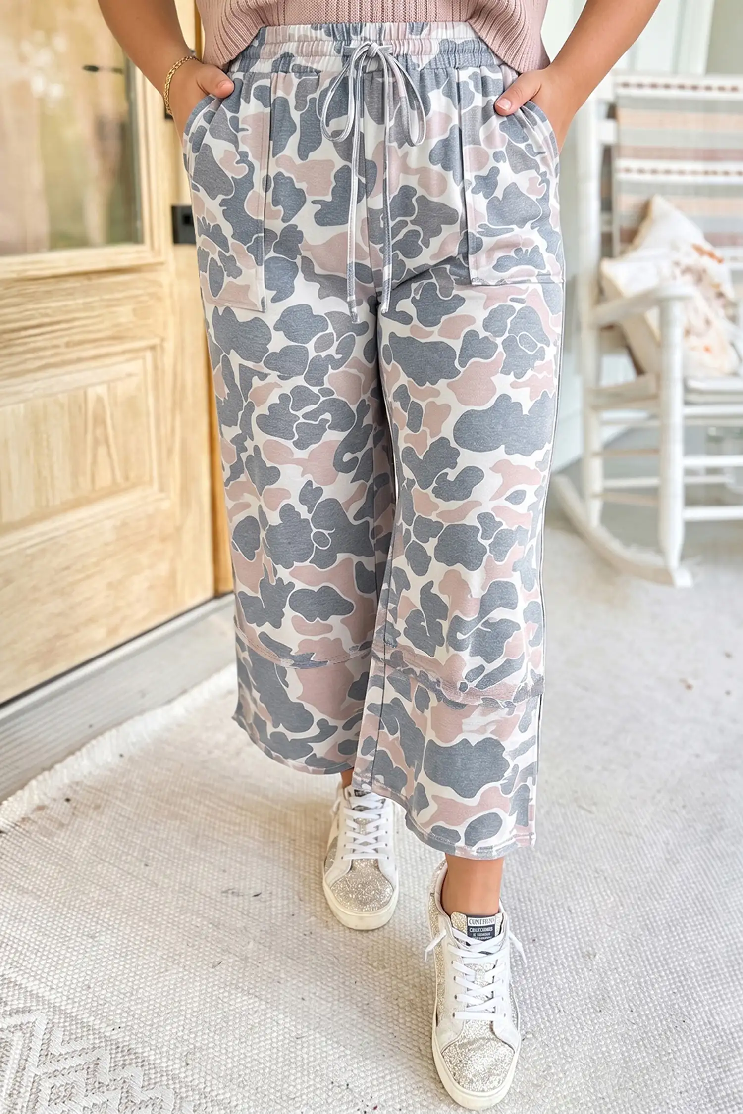 Khaki Camouflage Patch-Pocket Ankle Pants - Plus Size