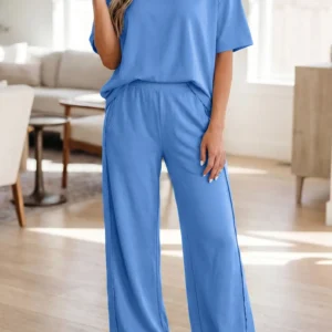 Sky Blue Solid 2-Piece Oversize Tee + Wide-Leg Pants Outfit