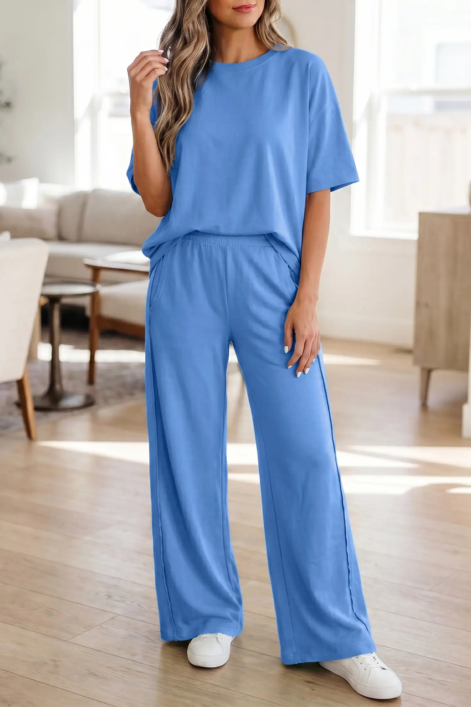 Sky Blue Solid 2-Piece Oversize Tee + Wide-Leg Pants Outfit