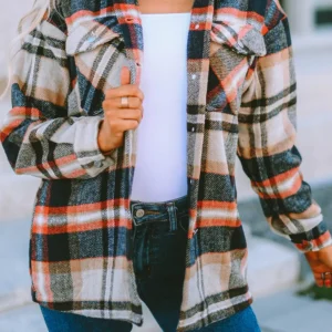 Khaki Oversized Shacket with Geometric Plaid Design for Fall and Autumn Daily Wear by Southern Belle